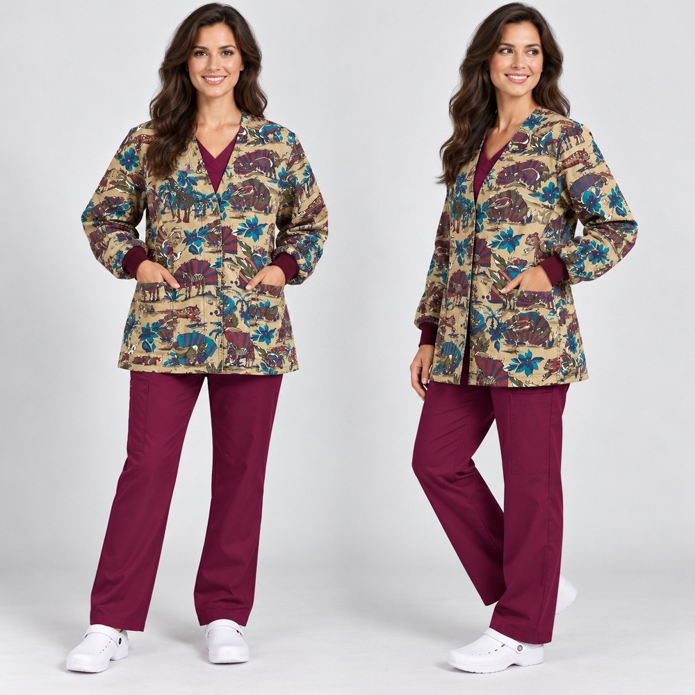 Tafford Safari Animal Print Scrub Jacket XL Cotton Snap Front Warm Up 3761